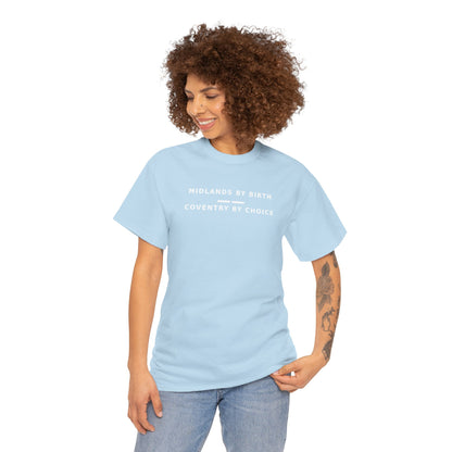 Woman wearing the sky blue Coventry By Choice T-shirt with jeans