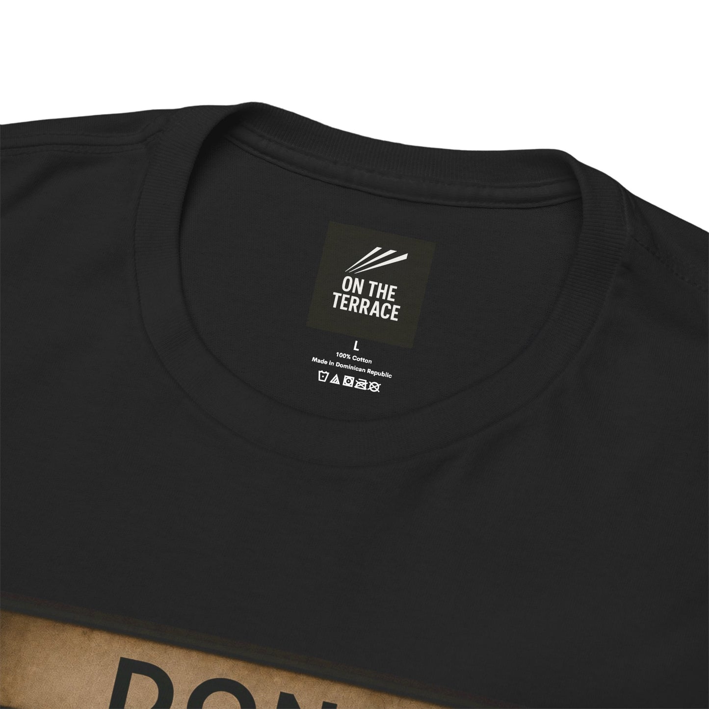 Close-up of a black short-sleeve Aberdeen t-shirt showing the inner neck label which reads 'ON THE TERRACE'.