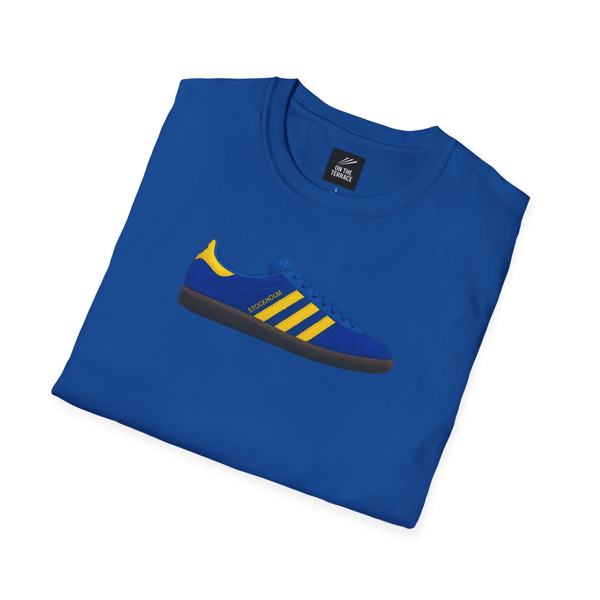 Blue T-shirt with a graphic of a blue and yellow Stockholm sneaker on the front