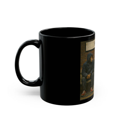 Black mug with a graphic of a person in a hooded coat on a white background