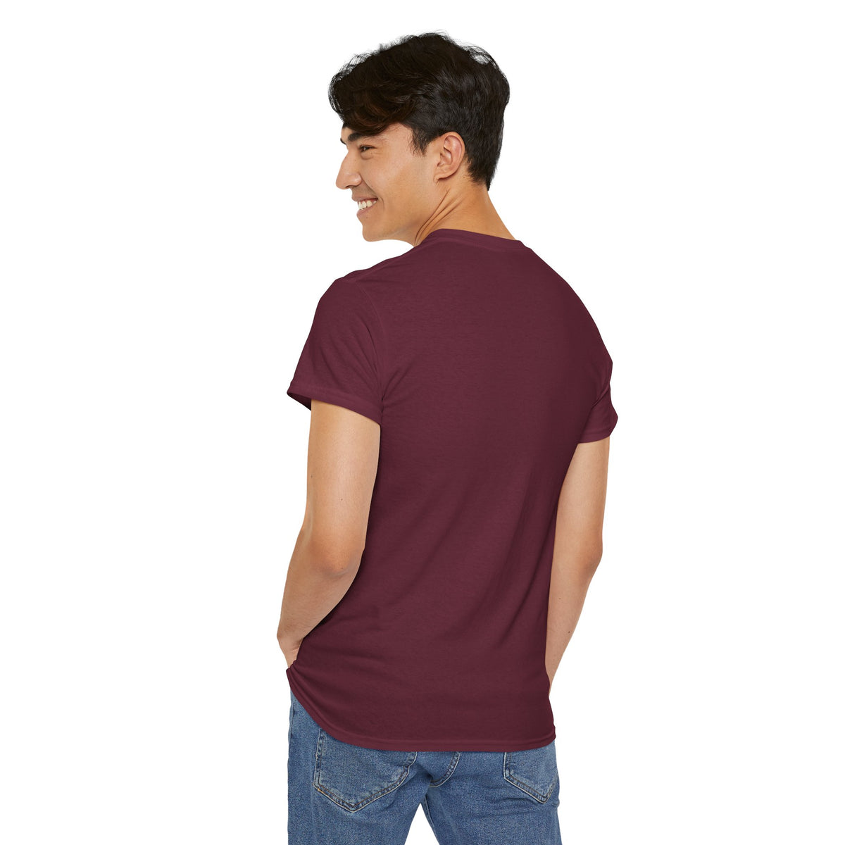 Man looking over his shoulder in the maroon Hearts Monkeys Duo tee