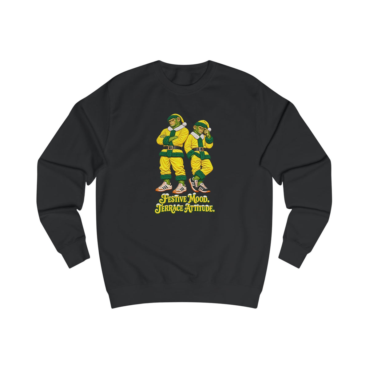 Black Norwich City Christmas jumper with two Northern Monkey chimps in yellow and green Santa suits