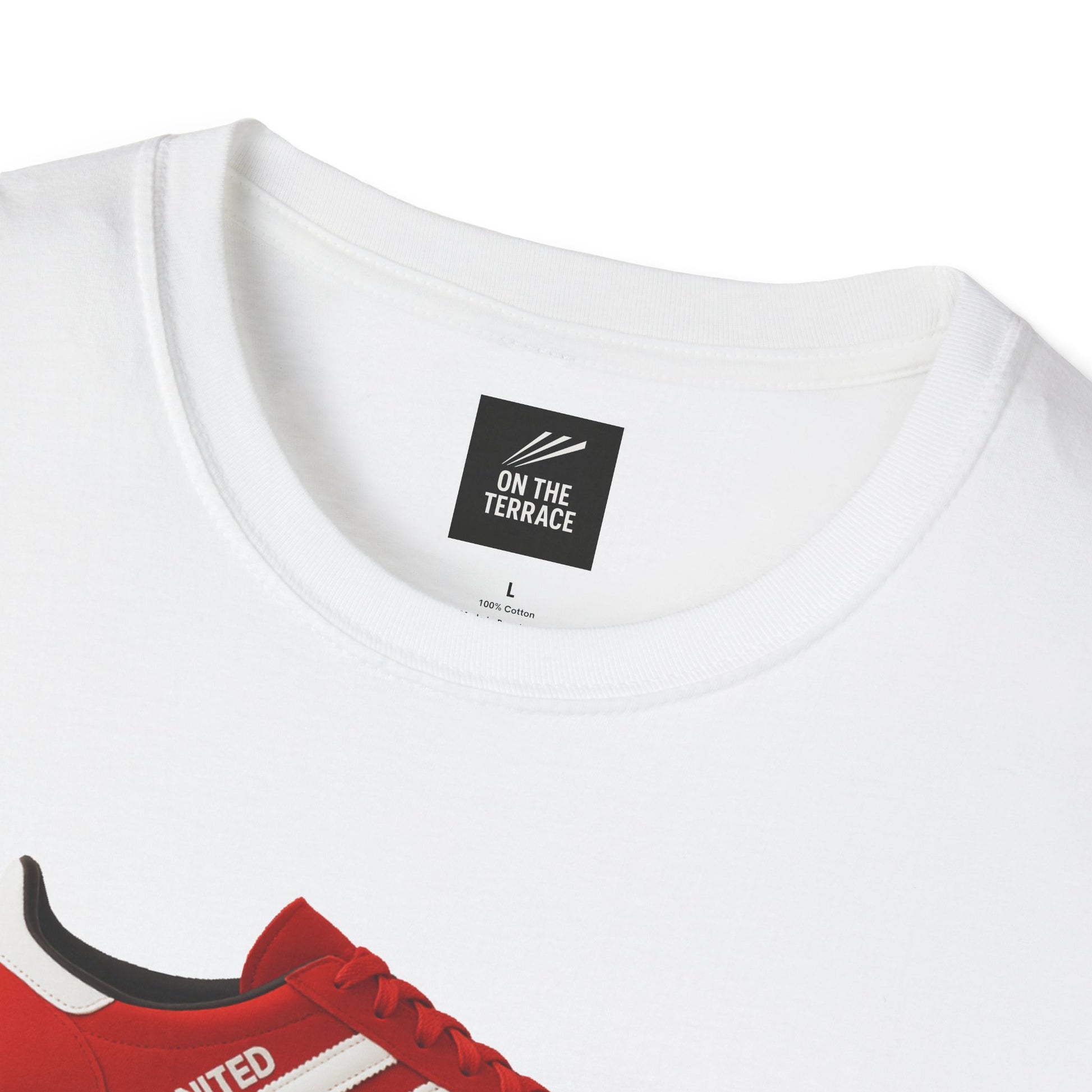 White cotton T-shirt with On The Terrace label and partial red sneaker graphic