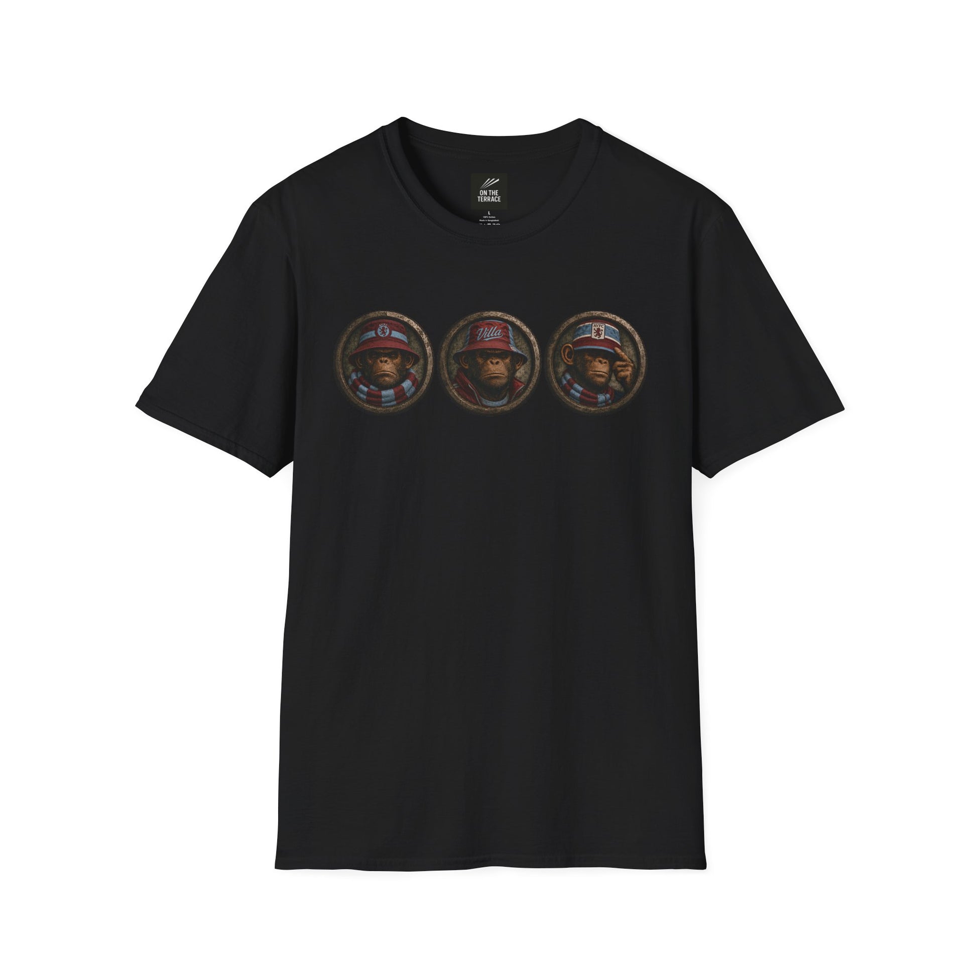 On The Terrace Northern Monkeys black graphic t-shirt featuring retro Aston Villa claret and blue inspired terrace casuals artwork.