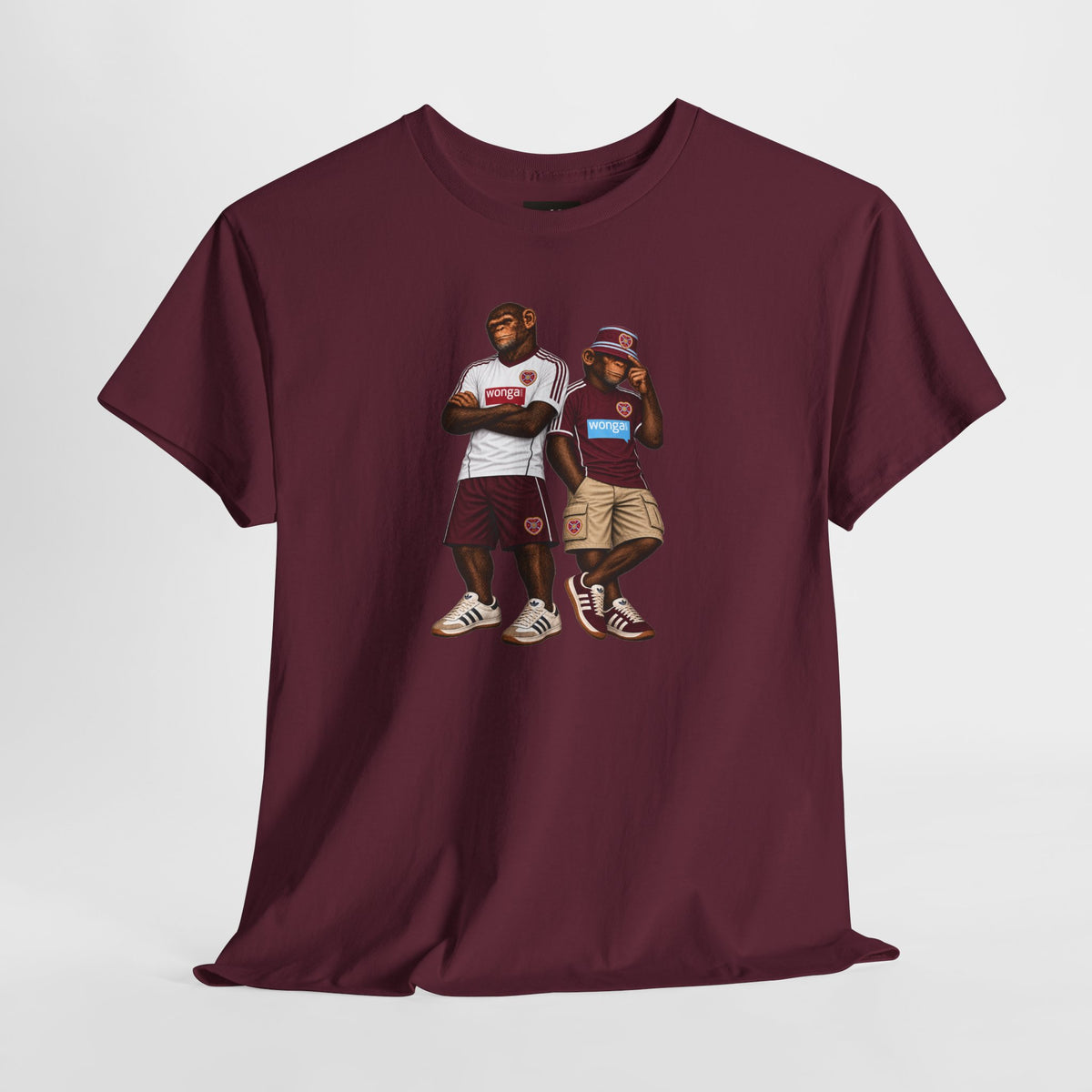 Two chimps in Hearts shirts, one arms folded, one in a maroon bucket hat, printed on a maroon tee