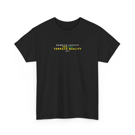 Black Norwich City T-shirt, front view with Norwich Loyalty Terrace Quality NR1 chest print