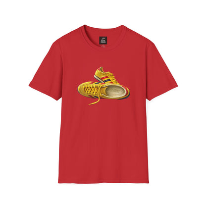 Red t-shirt with hand-illustrated yellow, navy and red retro terrace trainer sneaker graphic print, On The Terrace casual clothing brand
