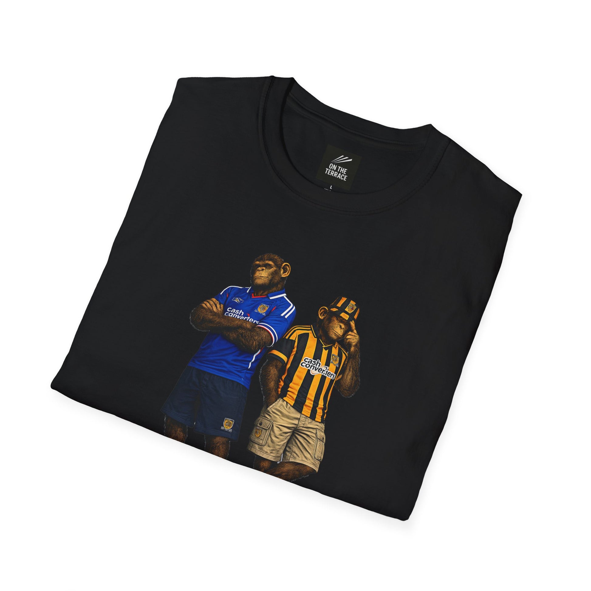 On The Terrace Northern Monkeys black graphic t-shirt featuring retro Hull City black and amber inspired terrace casuals artwork.