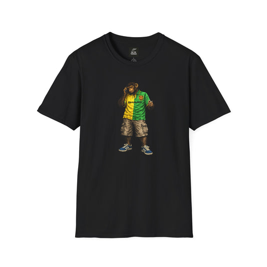 Black MUFC -inspired t-shirt featuring a graphic of a chimpanzee in a vintage yellow and green Sharp away kit, smoking and using a mobile phone.