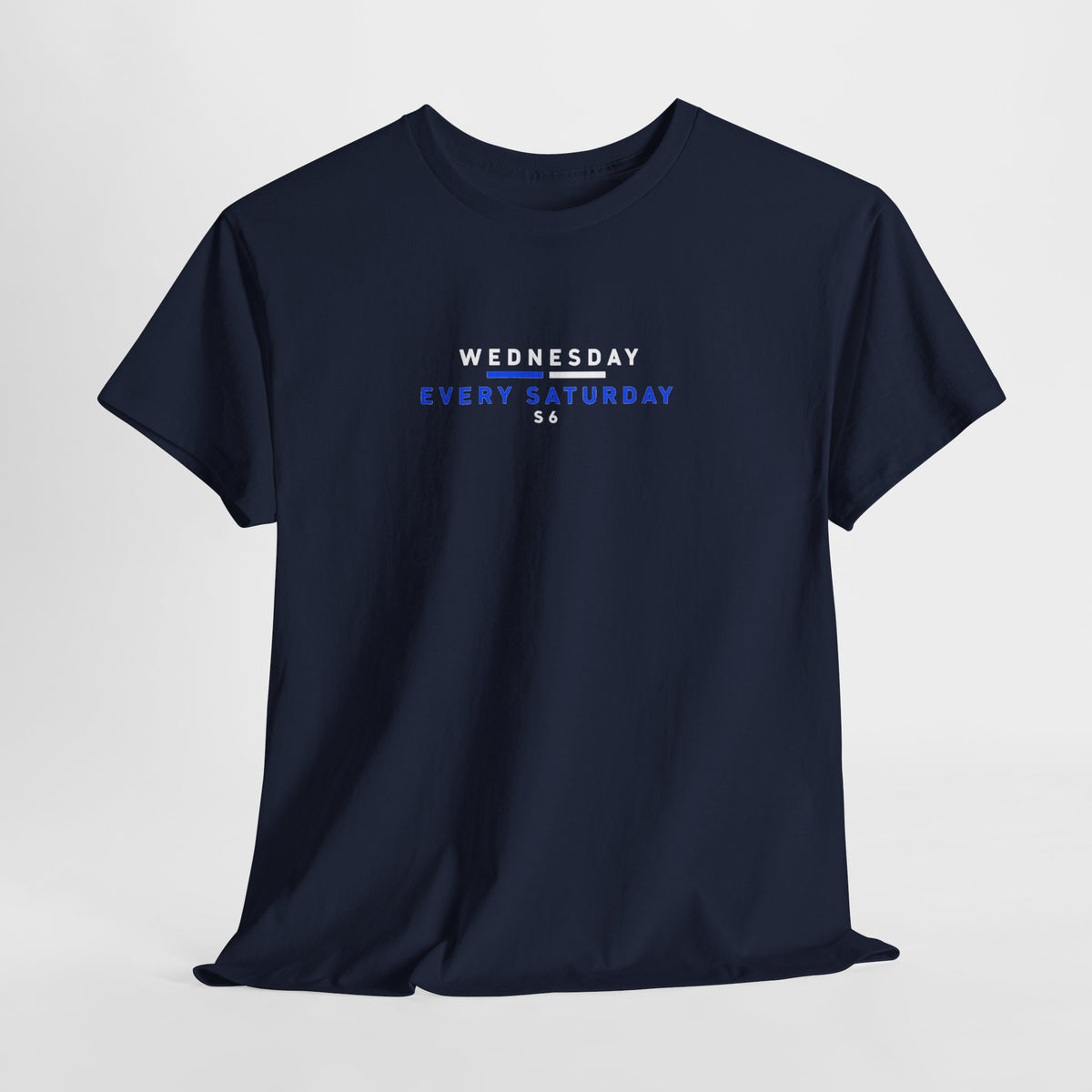 Navy Sheffield Wednesday tee laid flat, Wednesday Every Saturday print on the chest