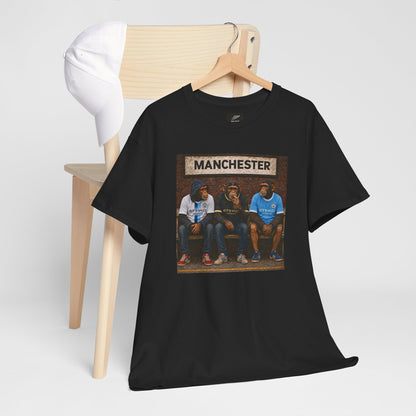Manchester City Station Bench Trio artwork close-up on black t-shirt - On The Terrace casual wear