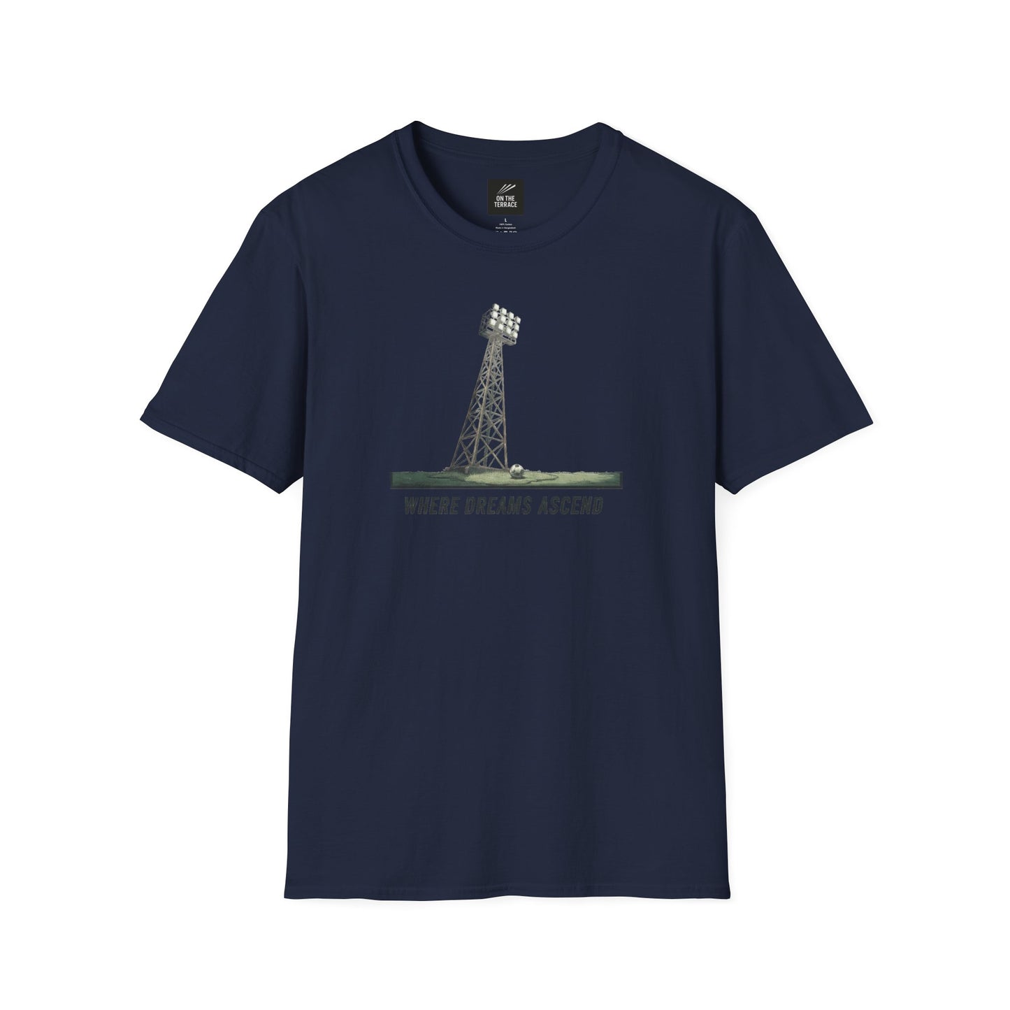Navy blue T-shirt with a graphic of a stadium floodlight and text 'WHERE DREAMS ASCEND' on front