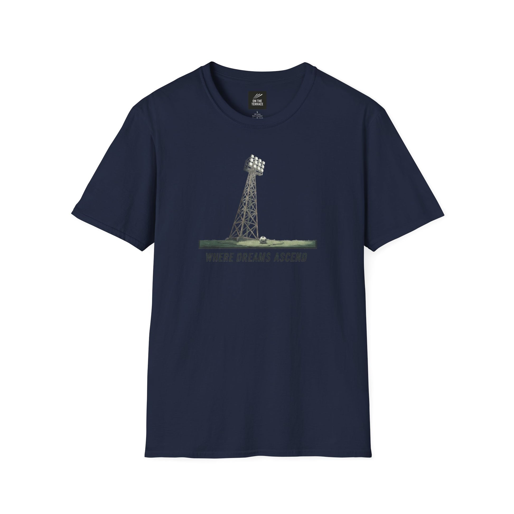 Navy blue T-shirt with a graphic of a stadium floodlight and text 'WHERE DREAMS ASCEND' on front