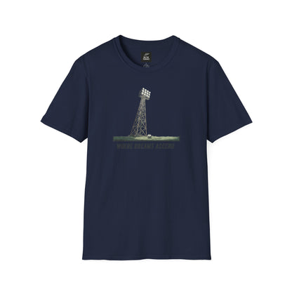 Navy blue T-shirt with a graphic of a stadium floodlight and text 'WHERE DREAMS ASCEND' on front