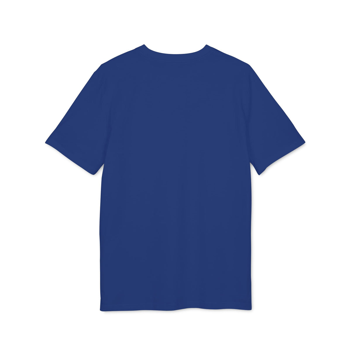 Back of plain royal blue organic cotton T-shirt