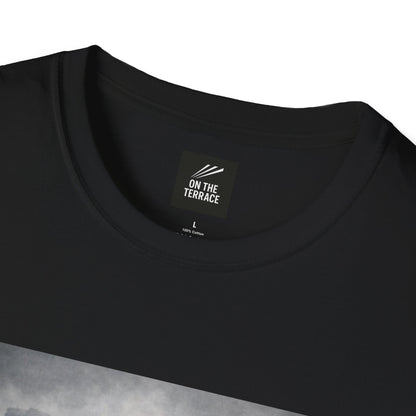 Black t-shirt with 'On The Terrace' label on a white background