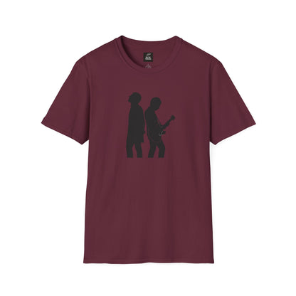 Maroon t-shirt with black silhouette graphic of two men back to back, one playing guitar