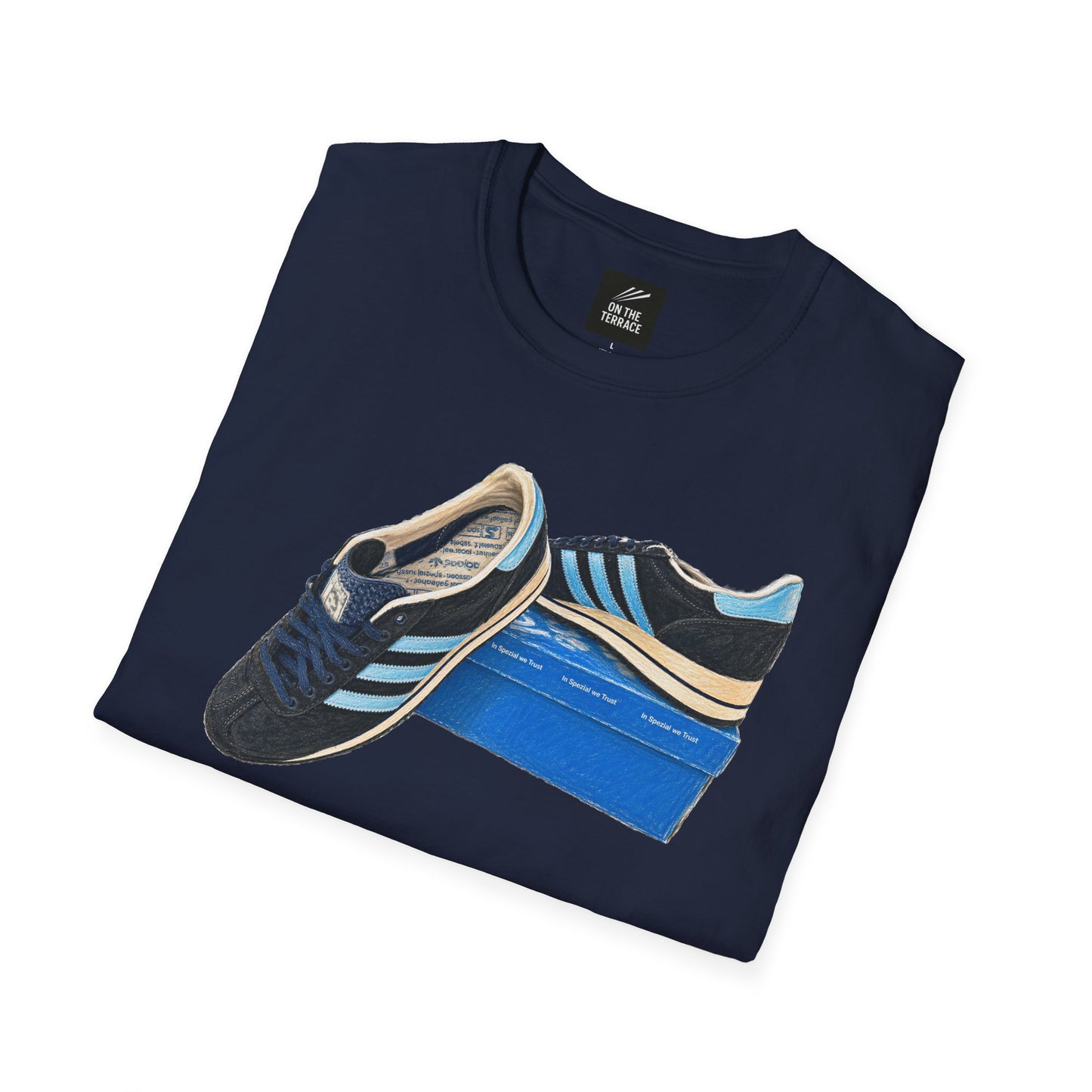 Navy blue retro sneaker graphic t-shirt with vintage trainer and shoebox print