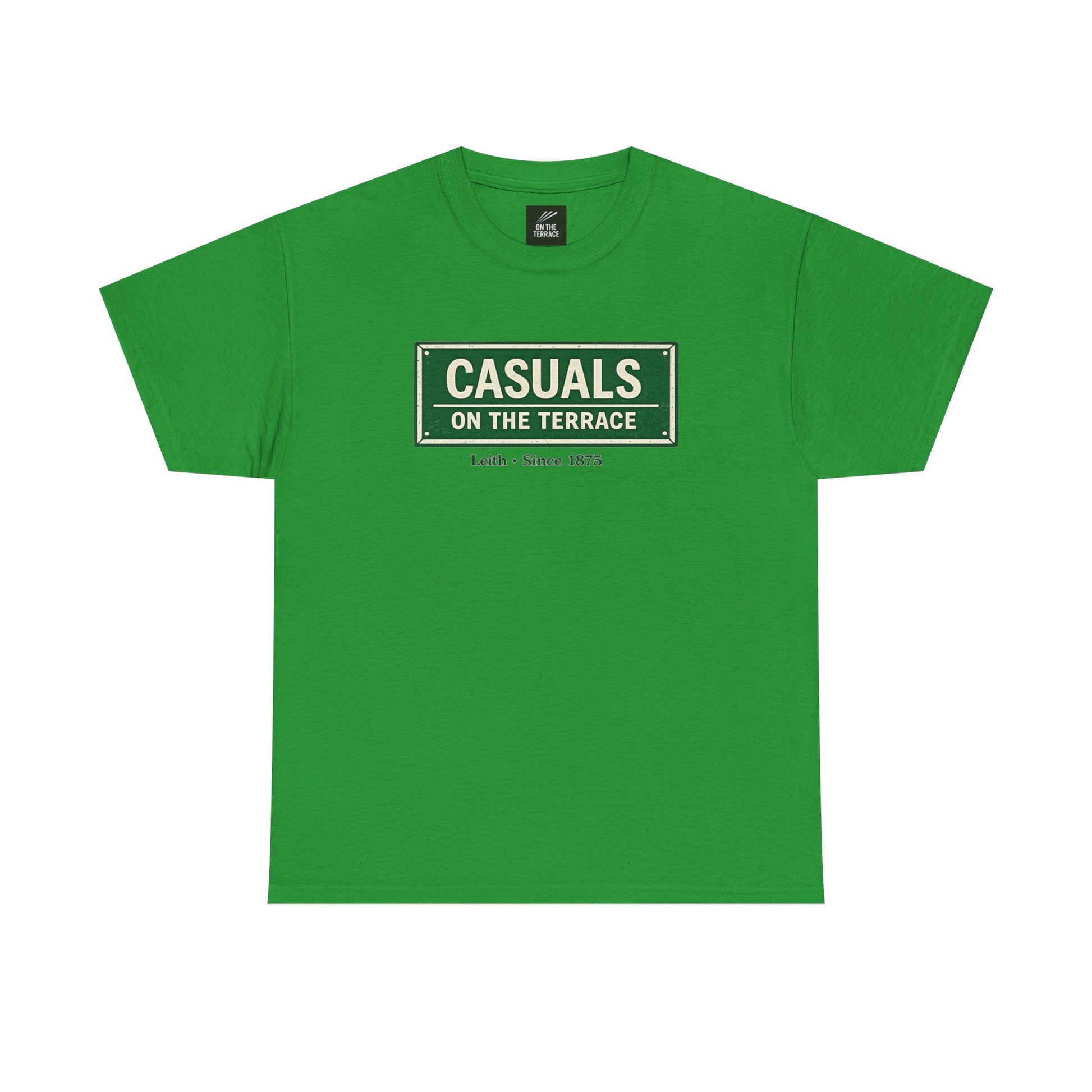 a Hibernian green heavy cotton t-shirt flat lay featuring a central vintage green and white street sign graphic reading "CASUALS ON THE TERRACE" with "Leith • Since 1875" printed below, and an inner neck label for On The Terrace. on a white background