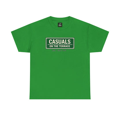 a Hibernian green heavy cotton t-shirt flat lay featuring a central vintage green and white street sign graphic reading "CASUALS ON THE TERRACE" with "Leith • Since 1875" printed below, and an inner neck label for On The Terrace. on a white background