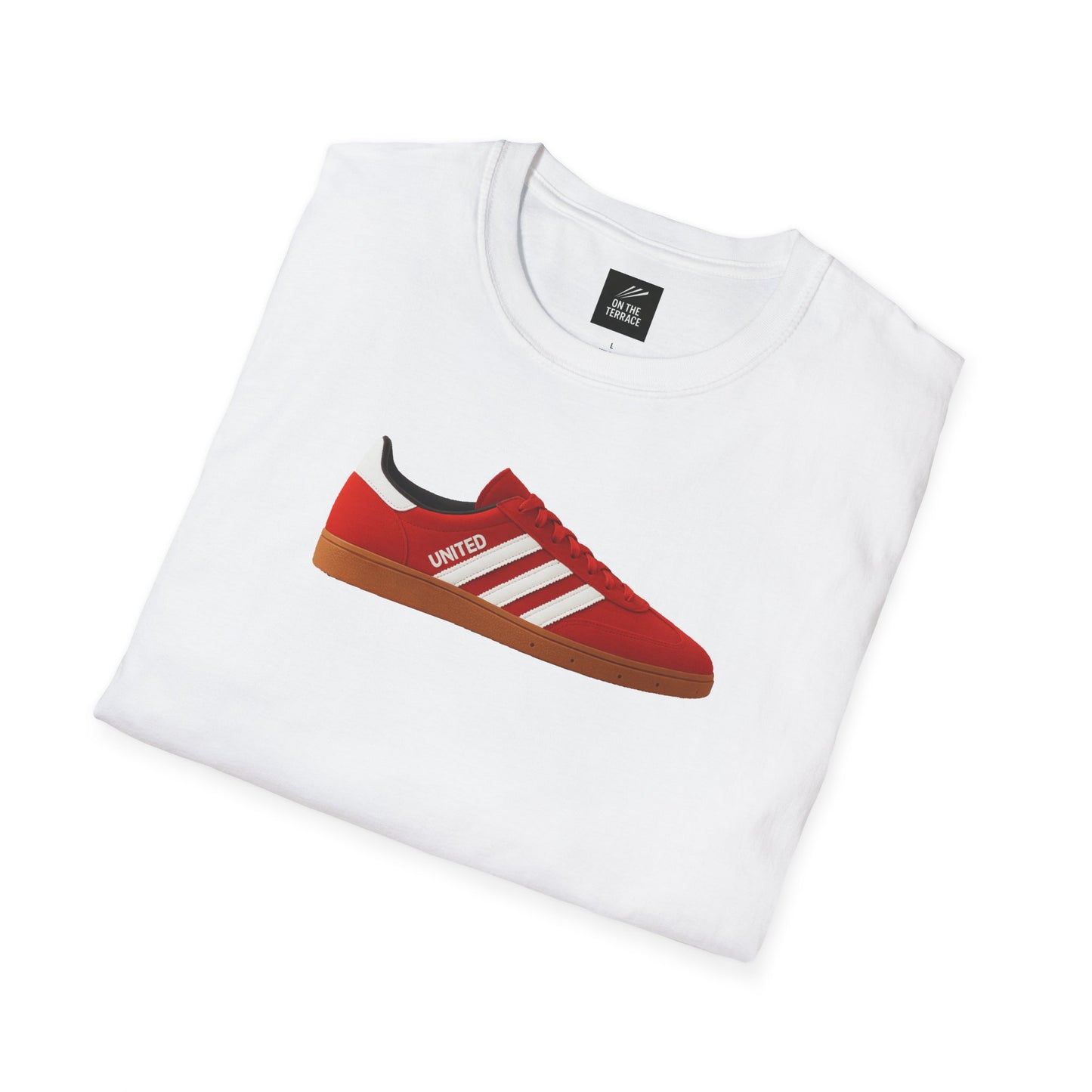 White folded t-shirt with a printed red sneaker design featuring white stripes and the word UNITED