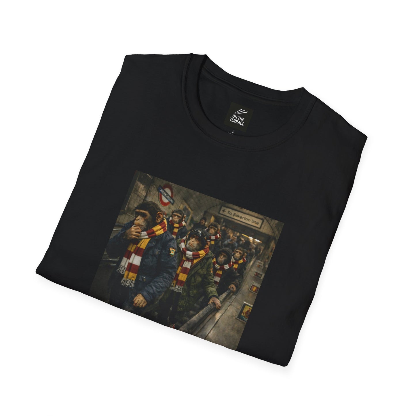 Bradford city t-shirt with a graphic of people wearing scarves on a white background