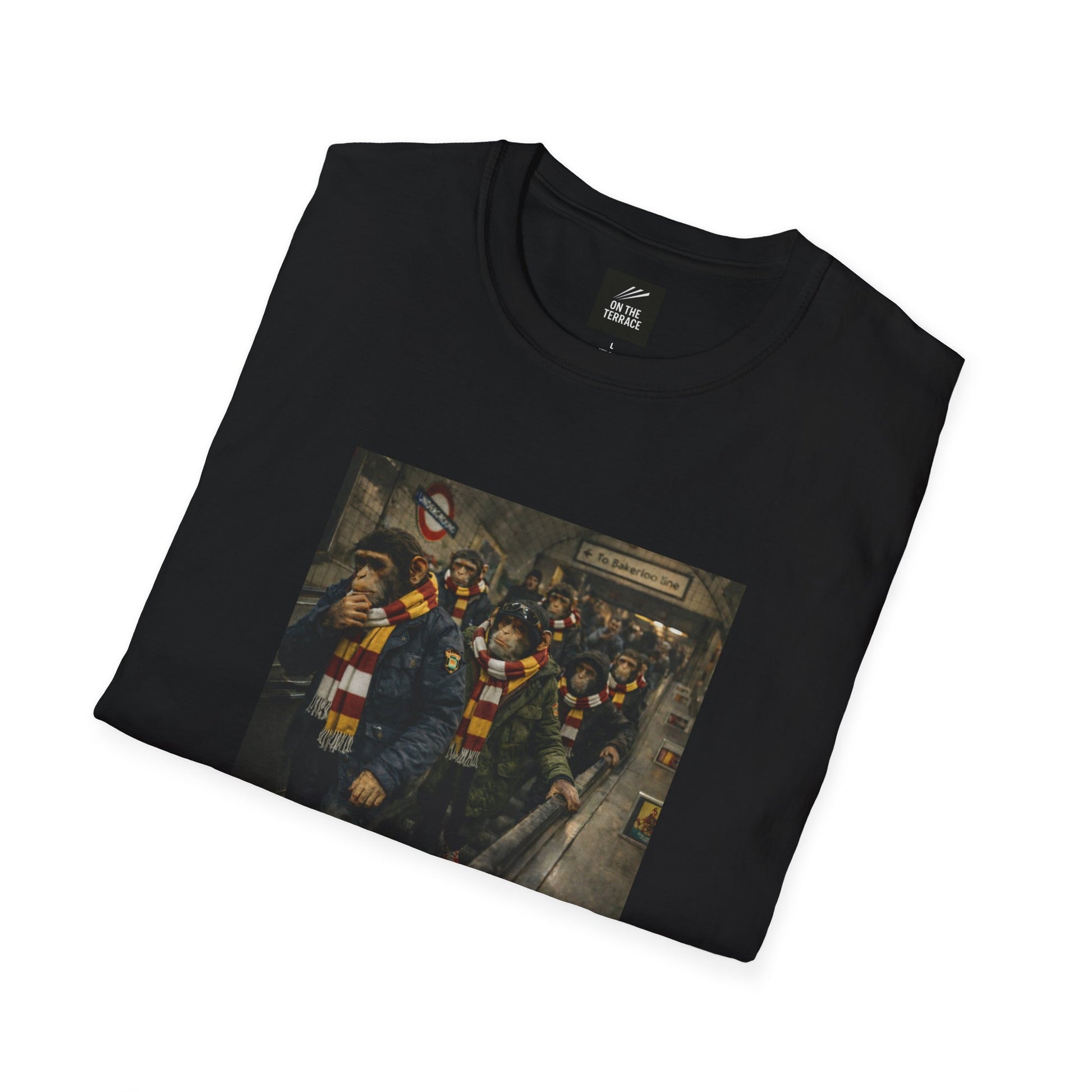Bradford city t-shirt with a graphic of people wearing scarves on a white background