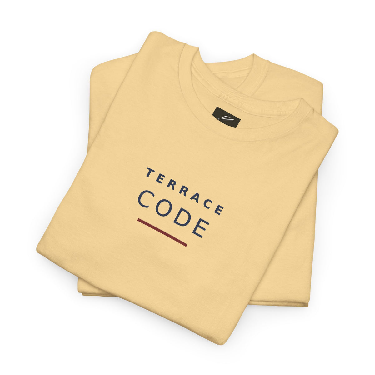 Folded pale yellow T-shirt showing the TERRACE CODE chest print in navy with a claret underline