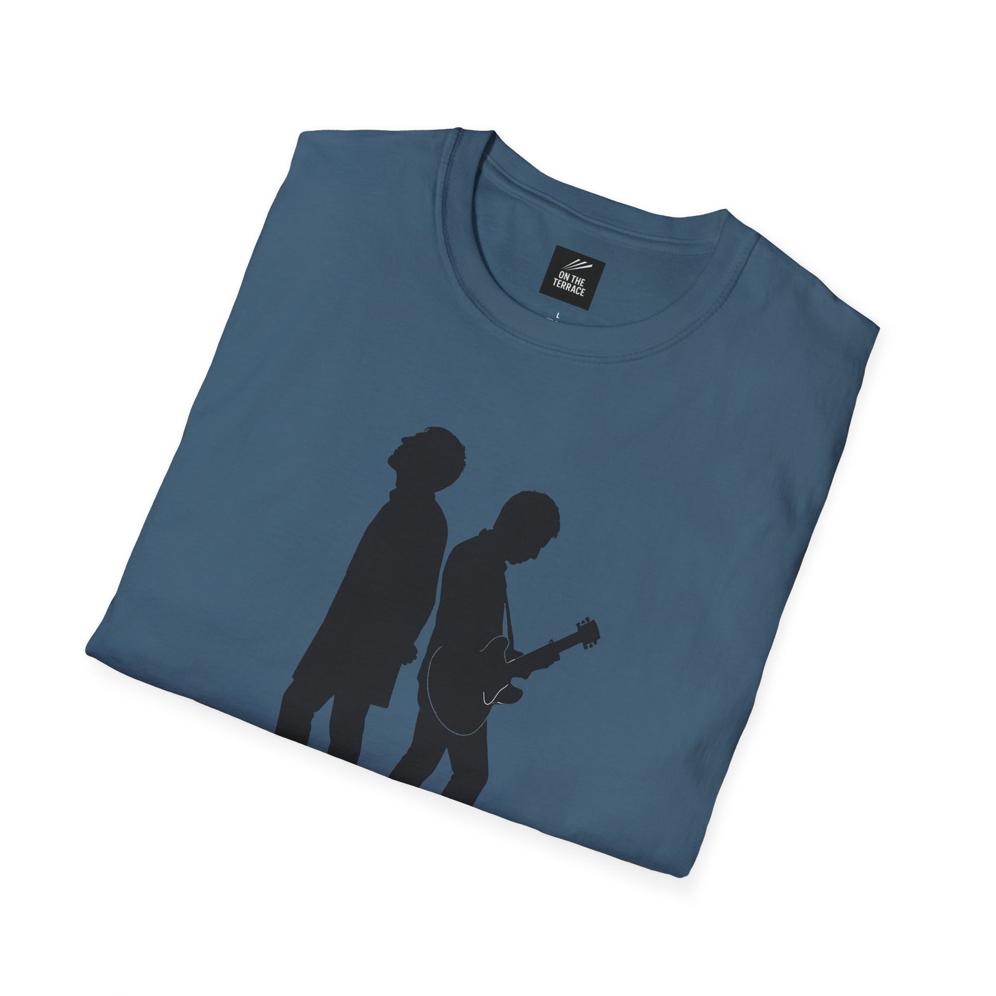 Folded blue t-shirt with black silhouette of two musicians, one playing guitar, on front