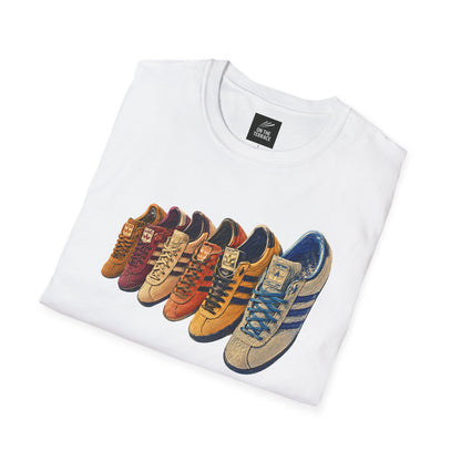 White t-shirt with colorful row of retro sneakers graphic print