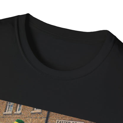 Black t-shirt with a graphic of a building and street sign on a white background