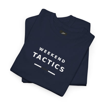 Folded navy T-shirt showing the WEEKEND TACTICS chest print in white