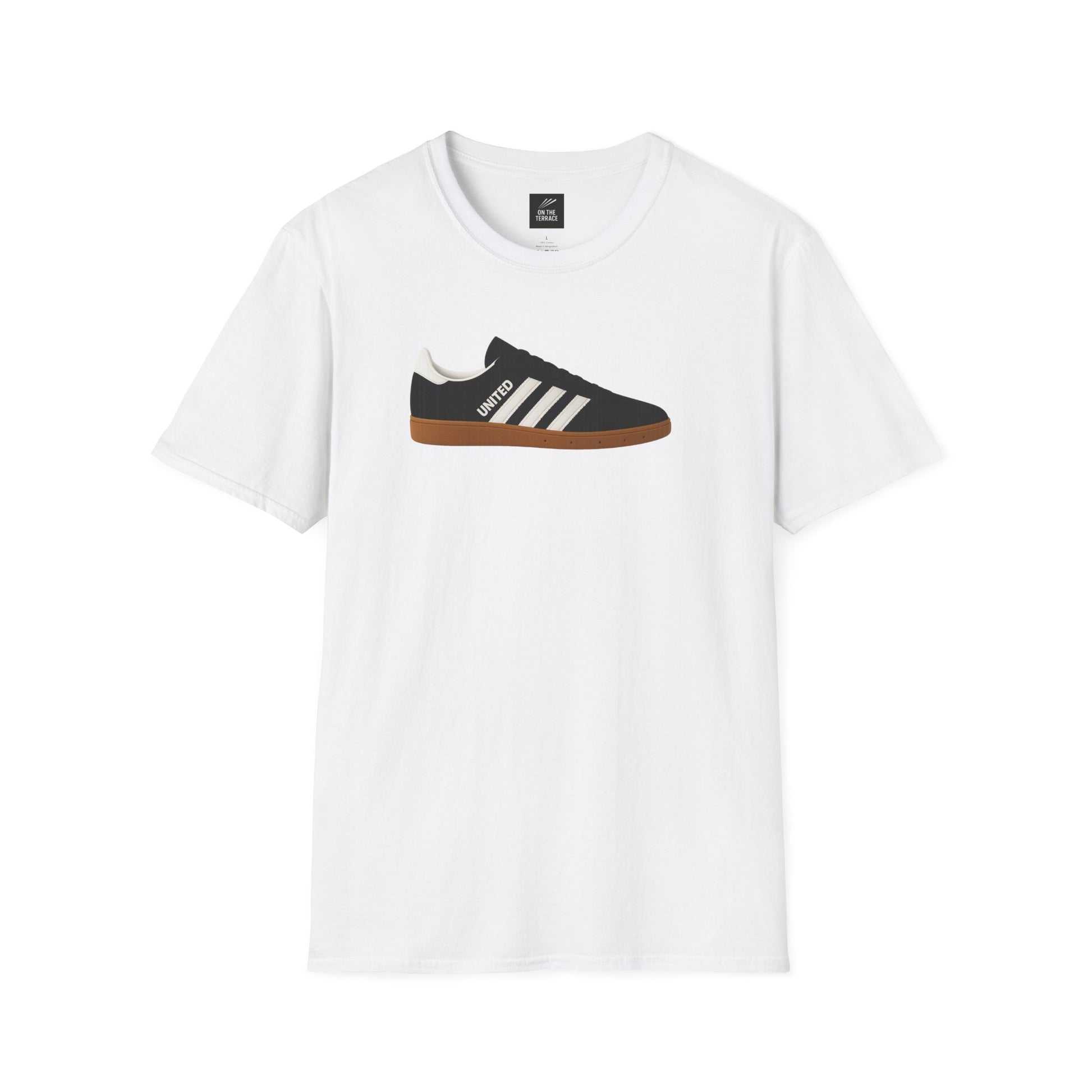White crew neck t-shirt featuring a black sneaker graphic with white stripes and gum sole centrally printed