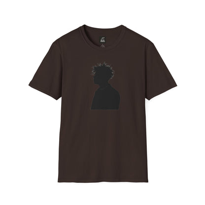 brown t-shirt with black silhouette of a person with spiky hair and necklace graphic design