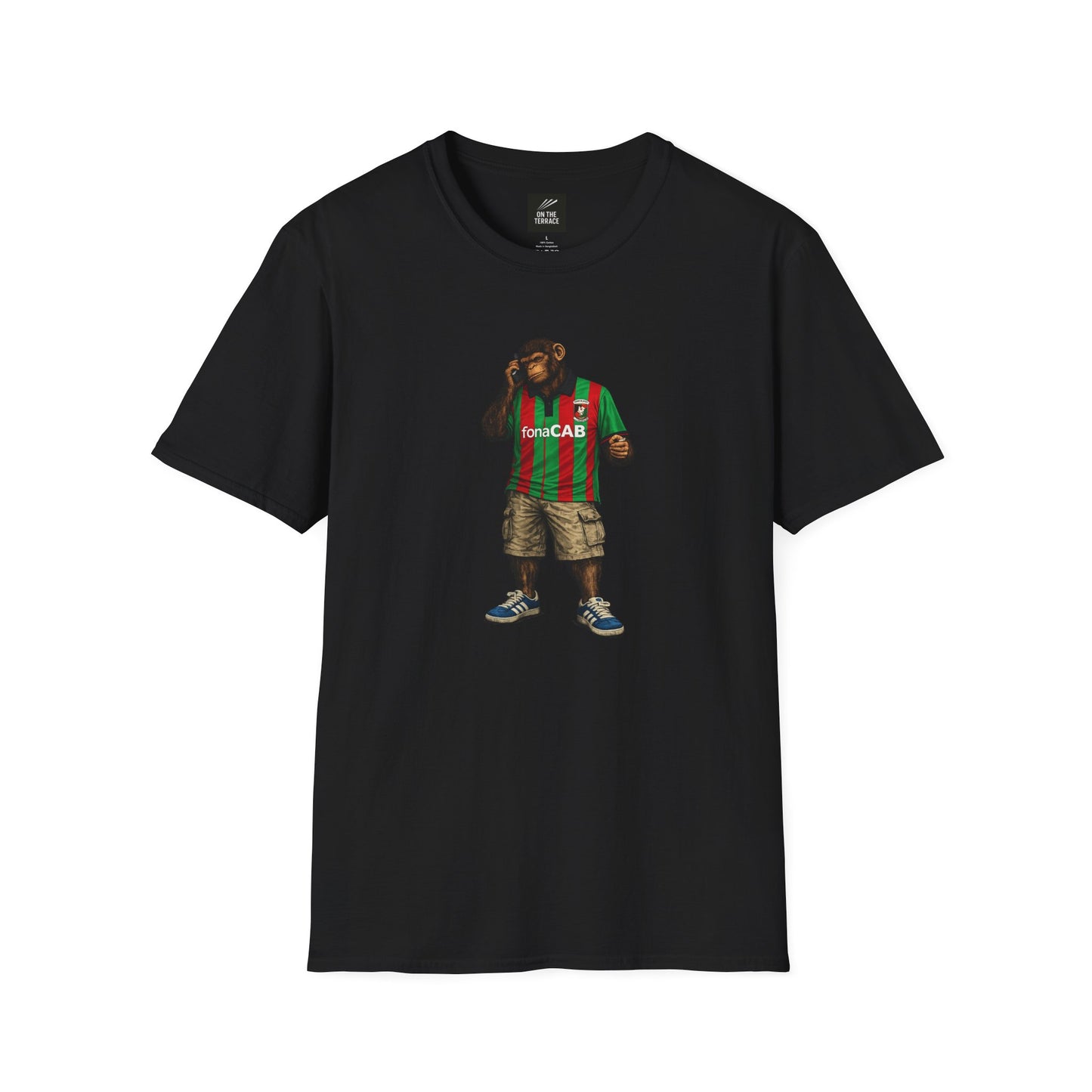 Black Glentoran northern monkeys tshirt  with a graphic of a monkey wearing a striped shirt on a white background
