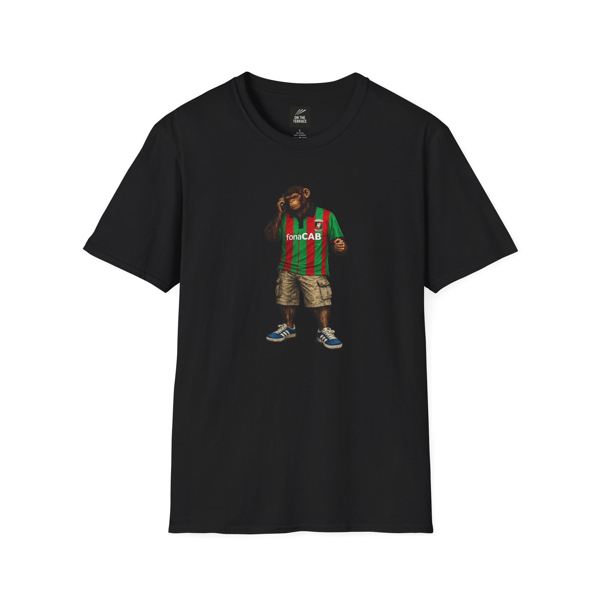 Black Glentoran northern monkeys tshirt  with a graphic of a monkey wearing a striped shirt on a white background