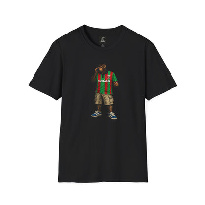 Black Glentoran northern monkeys tshirt  with a graphic of a monkey wearing a striped shirt on a white background