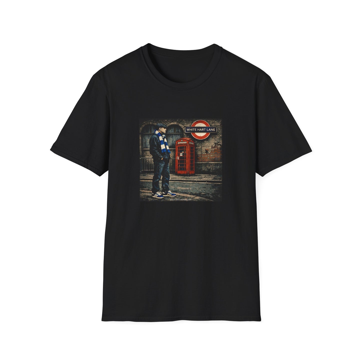 Black t-shirt with a graphic of a person standing next to a red telephone box on a London street.