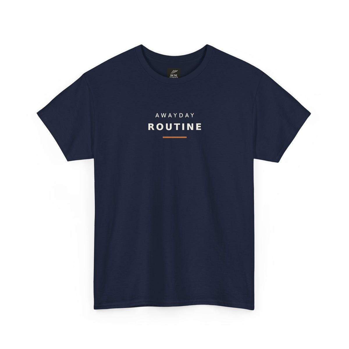 Navy Awayday Routine football casuals T-shirt, front view with off-white lettering and burnt orange bar