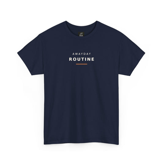 Navy Awayday Routine football casuals T-shirt, front view with off-white lettering and burnt orange bar