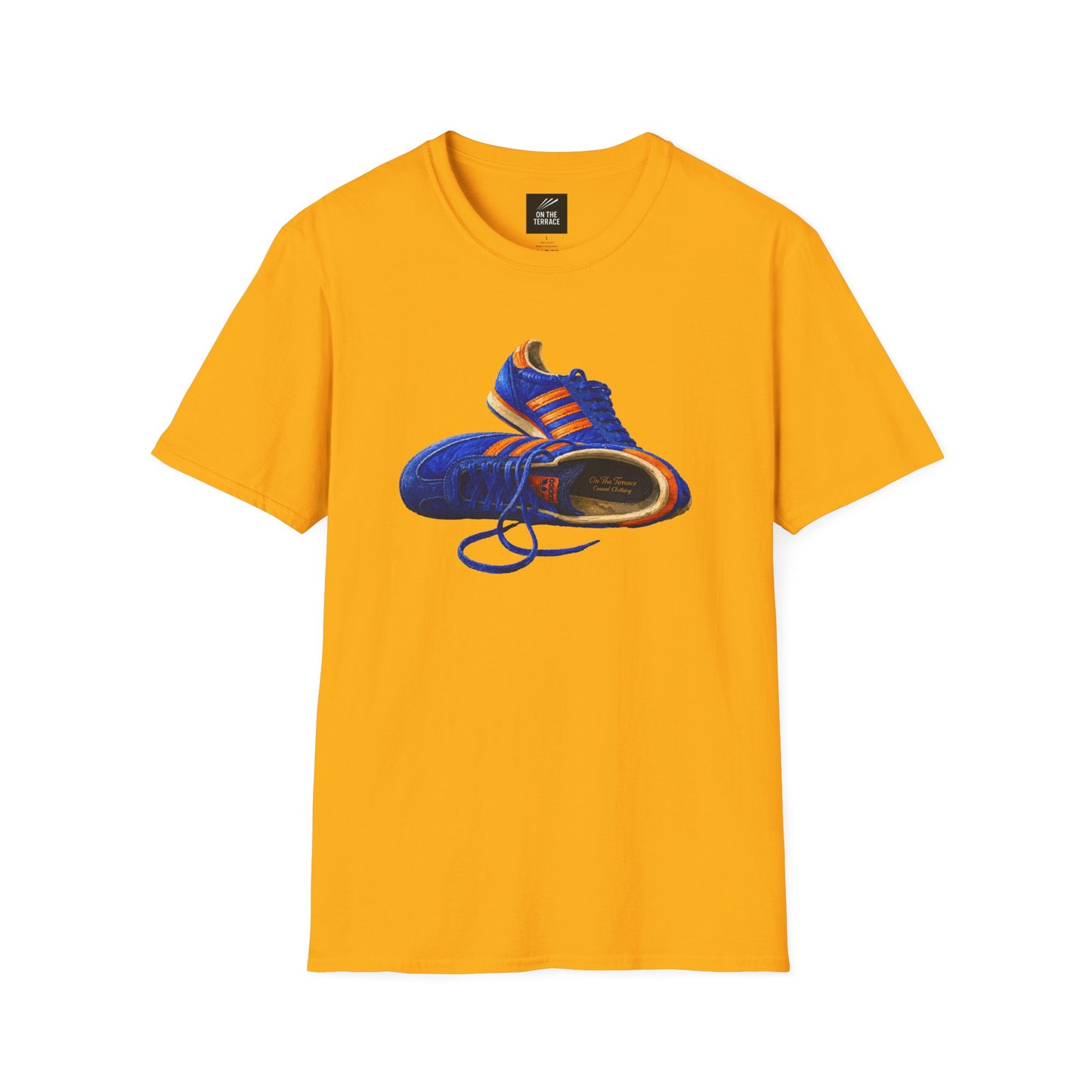 Gold t-shirt with hand-illustrated blue and orange retro terrace trainer sneaker graphic print, On The Terrace casual clothing brand
