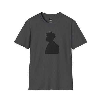 Dark gray t-shirt with black silhouette of a spiky-haired person in profile centered on front