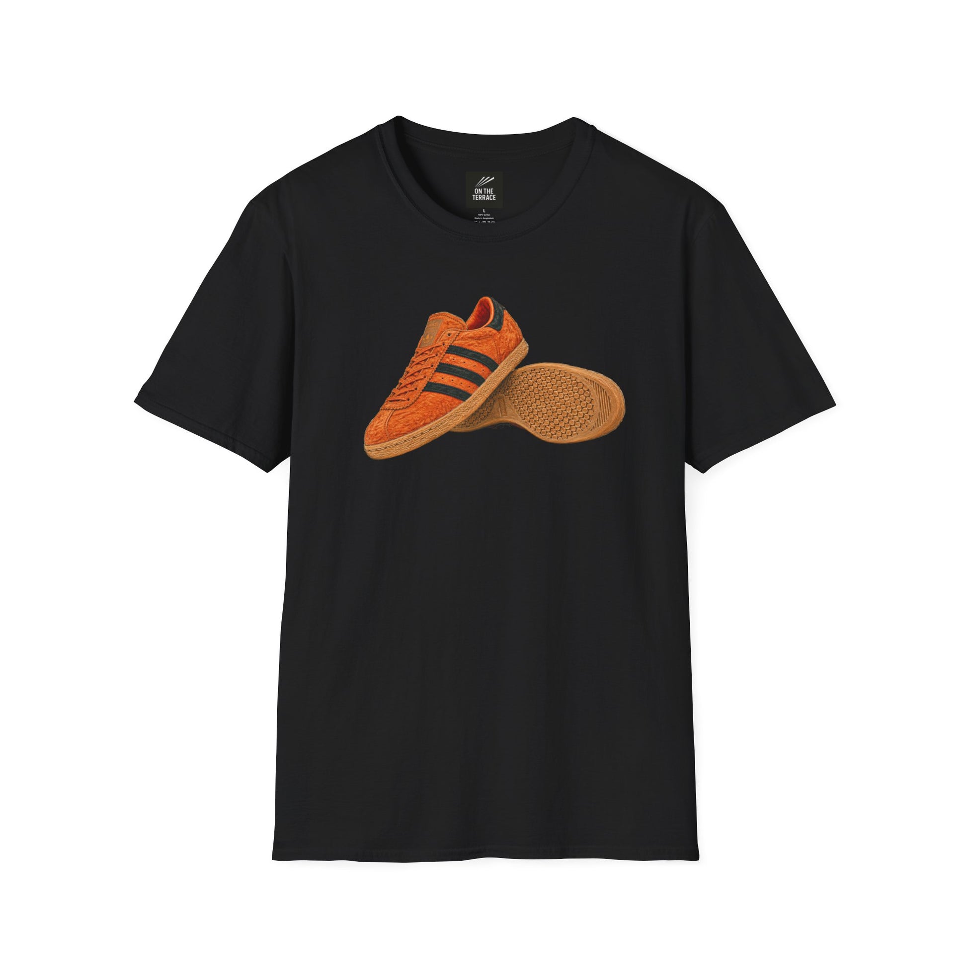 Black t-shirt with orange retro sneaker graphic print showing side and sole view