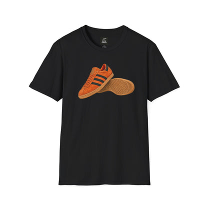 Black t-shirt with orange retro sneaker graphic print showing side and sole view