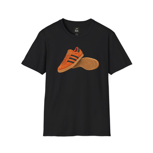 Black t-shirt with orange retro sneaker graphic print showing side and sole view