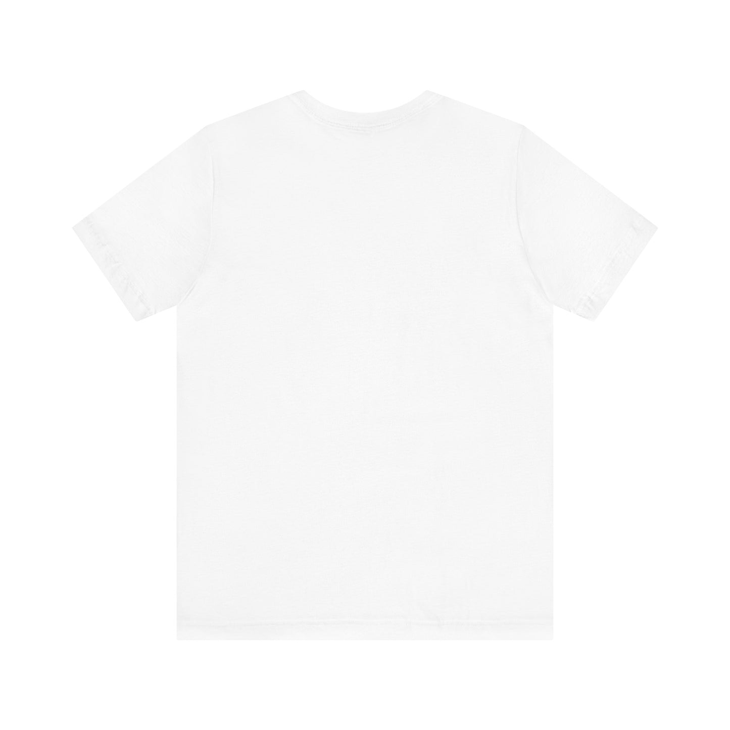 Plain white short-sleeve t-shirt laid flat showing back side on white background
