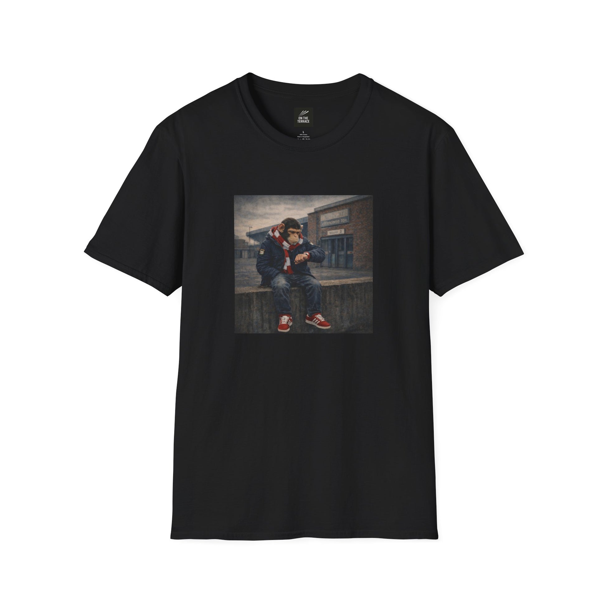 Black t-shirt with a graphic print of a person sitting on a bench in an urban setting.