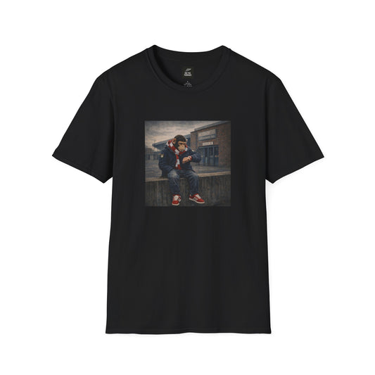 Black t-shirt with a graphic print of a person sitting on a bench in an urban setting.