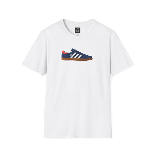 White crew neck t-shirt with graphic of blue sneaker featuring white stripes and gum sole
