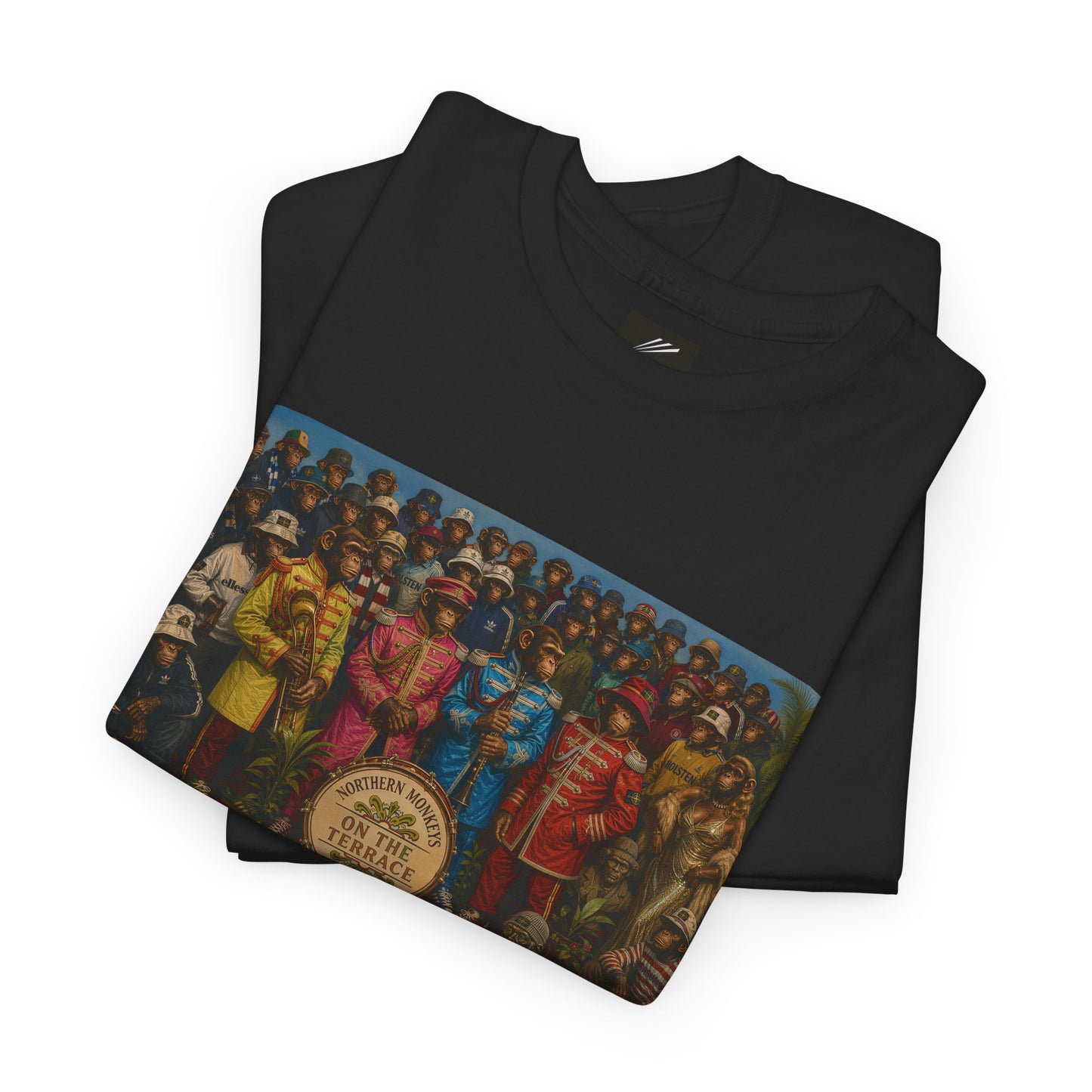 Close-up of colourful Sgt. Pepper Casuals artwork on black T-shirt